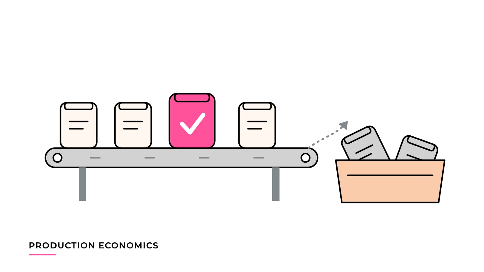 Illustration of identical packs moving along a conveyor, with one good pack highlighted in pink and two rejected packs set aside